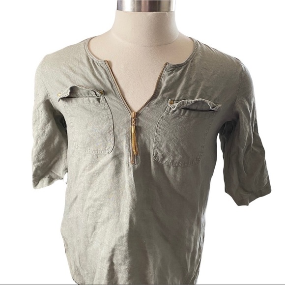 Ellen Tracy Green 100% Linen Soft Gold 1/4 Zip Pull 3/4 Sleeve Tunic Blouse Sm - Picture 2 of 8